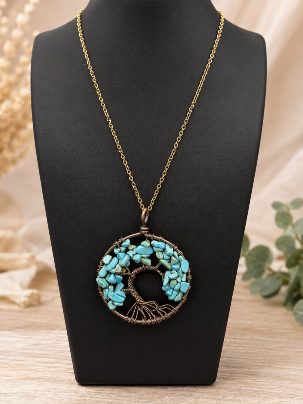 Bronze Tone Boho Tree of Life Turquoise Chip Stone Pendant Necklace 18"